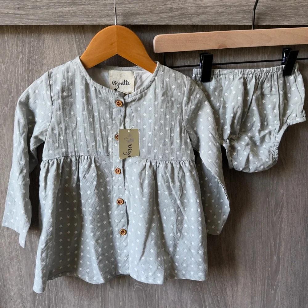 Vignette Tunic Bloomer Set Baby 12-18M Sage Green Star Cotton Boho Celestial